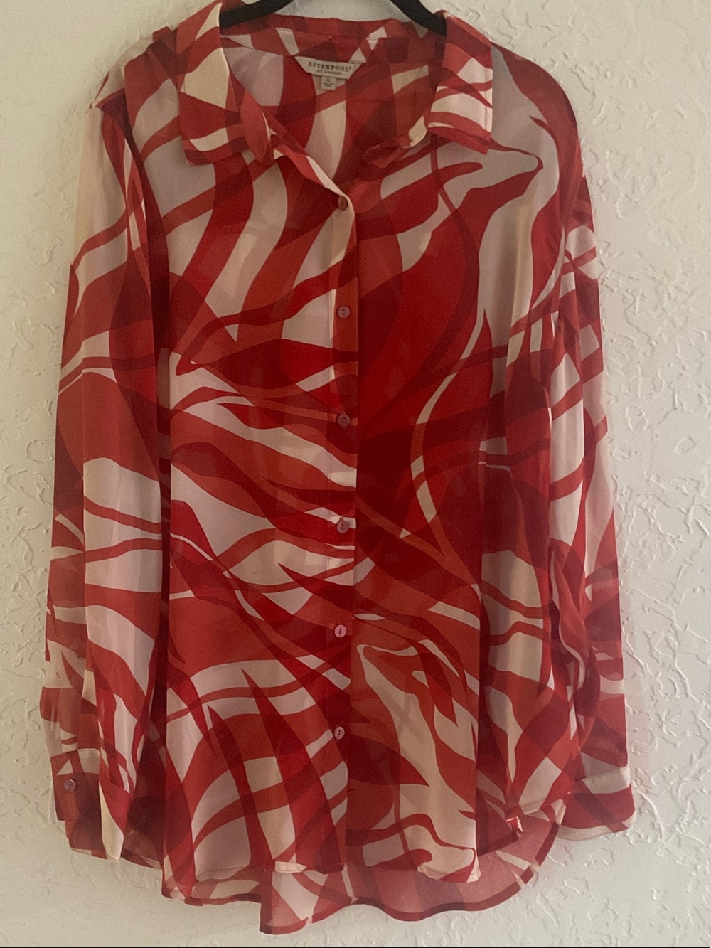 Liverpool Red Abstract Sheer Button-Up Blouse